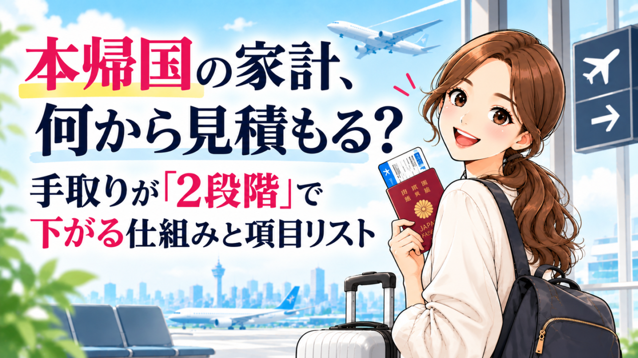 本帰国の家計、何から見積もる？パスポートと搭乗券を持って空港に立つ女性のイラスト