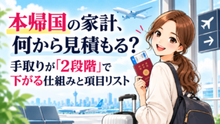 本帰国の家計、何から見積もる？パスポートと搭乗券を持って空港に立つ女性のイラスト