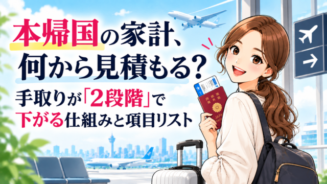 本帰国の家計、何から見積もる？パスポートと搭乗券を持って空港に立つ女性のイラスト