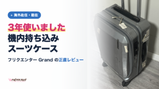 3年使った機内持ち込みスーツケース、フリクエンターGrandの実物写真。空港のバゲージタグが複数付いている