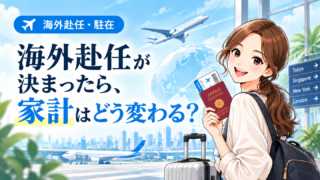 海外赴任が決まったら、家計はどう変わる？パスポートとスーツケースを持って空港に立つ女性のイラスト