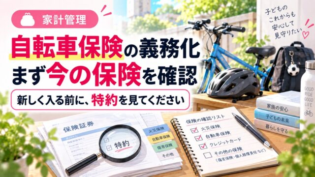 自転車保険の義務化。新しく入る前に、いまの保険の特約を確認する。自転車とヘルメット、保険証券と虫めがね