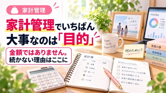 家計管理でいちばん大事なのは目的。開いた家計簿と「何のために？」と書いた付箋